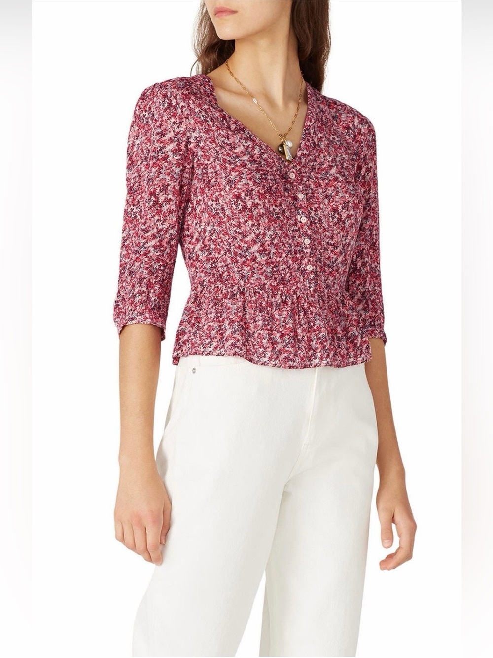 ba&sh~Nelly~Rose-Pink Floral V-Neck Buttoned Peplum Blouse~Size XS~$235~